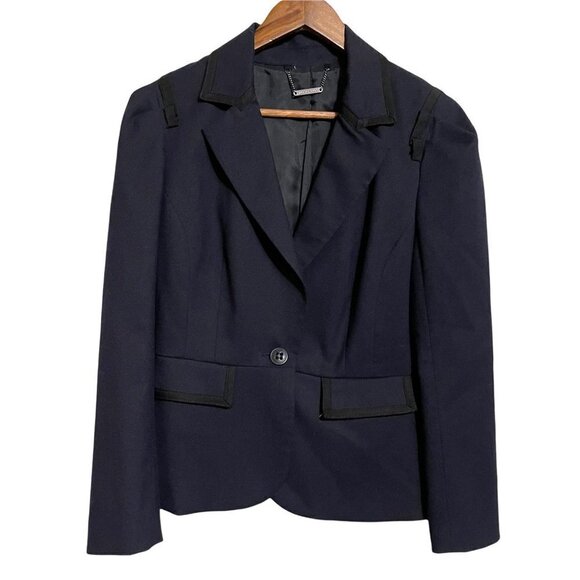 Trina Turk Womens Blue Wool Blend Black Trim Detail Single Button Blazer Size 10 - Picture 1 of 8